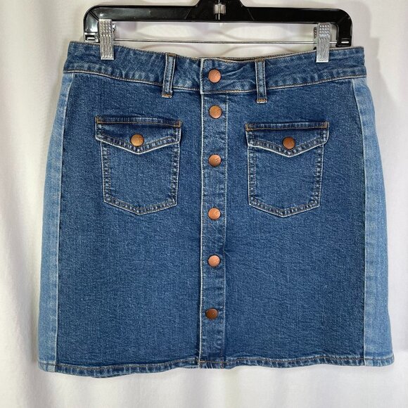 Madewell Denim Jean Skirt Size 31 Mini Mixed Denim Snap Front Contrast Sides - Picture 1 of 12
